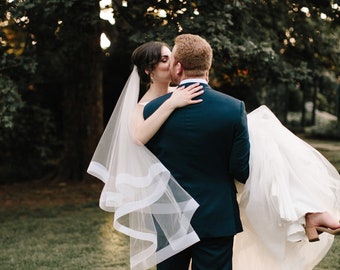 fingertip veil with horsehair trim wedding veil with 2" horsehair trim fingertip wedding veil bridal veil crinoline trim 2 tier veil