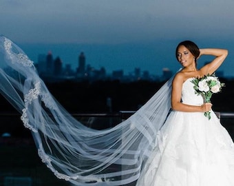 Horsehair Veil with Double Horsehair trim and Lace Appliques Cathedral Veil with Horsehair Trim 2 Tier Veil Wedding Veil with Comb drop Veil