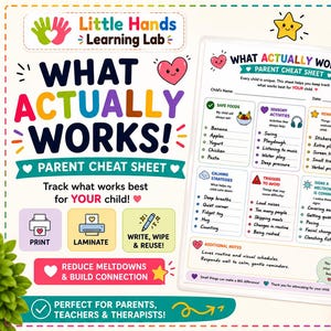 What Actually Works Parent Cheat Sheet | Track Triggers, Safe Foods, Rewards & Sensory Needs | Autism Printable