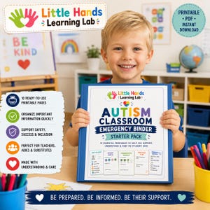 May include: A blue binder titled Autism Classroom Emergency Binder Starter Pack by Little Hands Learning Lab. The cover features text and five small document templates including Meet My Child, Sensory Profile, Communication Snapshot, Calm Down Plan, and Emergency Contacts.