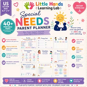 May include: A printable Special Needs Parent Planner by Little Hands Learning Lab, 8.5 x 11 inches. Includes 40+ pages for tracking medical snapshots, therapy goals, behavior logs, communication cards, reward charts, and success journals.