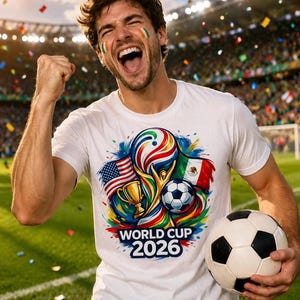 Może przedstawiać: Biały t-shirt z krótkim rękawem z kolorowym nadrukiem graficznym logo World Cup 2026, złotym trofeum, piłką nożną oraz flagami Stanów Zjednoczonych i Meksyku, z napisem World Cup 2026 wydrukowanym pogrubionymi niebieskimi literami.