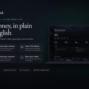 May include: A dark-themed digital interface for the Figured money app displayed on a laptop screen. The layout features the text 'Money, in plain English' alongside four functional modules for tracking money, learning basics, building resumes, and saving tasks.