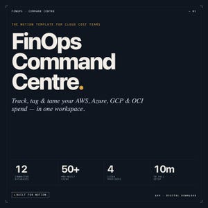 May include: Dark navy blue graphic with the text "FinOps Command Centre" in large white letters. The text below reads "Track, tag & tame your AWS, Azure, GCP & OCI spend - in one workspace." The graphic also includes the numbers 12, 50+, 4, and 10m.