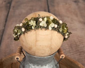 Halo Crown Wreath Woodsy headband with Green Shades, natural dried flowers, Newborn photography prop