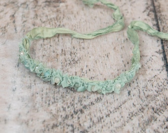 Newborn Boho Shabby Chic Tie back Ribbon Headband: Seafoam Mint color, photography prop