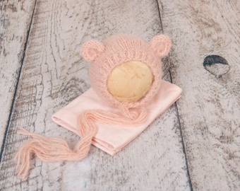 Soft Pink Stretchy Wrap & Knit Bear Bonnet Set: Newborn Photography Prop