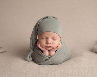 Newborn Knotted Sleepy Cap: photography prop, Dusty Sage color