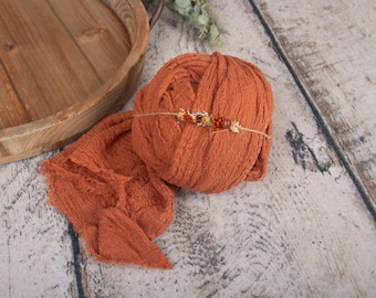 2 Piece Wrap Set with Cheesecloth and Tie-back Headband , Burnt Orange Fall, for Newborn Photography