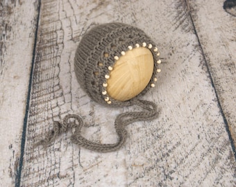 Knit Bonnet with Beaded Trim: Grey Green Color, Newborn Photography Prop