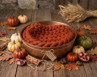 Knit Chunky Bump Blanket, Merino wool, 18" Square, Autumn, Burnt Orange, Newborn Photography Prop