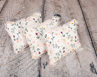 Small Pillow, Linen Texture with Fringe, Cream Floral color, Newborn Photography Support Prop
