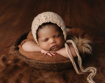 Knit Bonnet with Beaded Trim, Beige Oatmeal Color, Newborn, Photography Prop