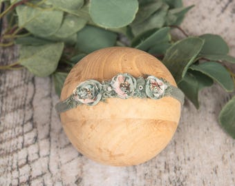 Stretchy Tie back Headband: Sage Mix colors, Newborn photography prop