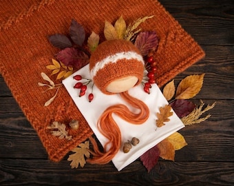 Knit Newborn Photography Prop Set, Pumpkin Orange Blanket, Bonnet, Wrap
