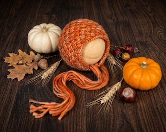 Knit Bonnet , Fall Orange Mix Color, Newborn, Photography Prop