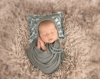 Small Pillow, Newborn Bonnet, Floral Lace Pattern, Sage color, Newborn Photography Support Prop