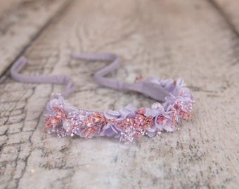 Halo Wreath Woodsy headband with Lavender and pink color flowers, Newborn photography prop