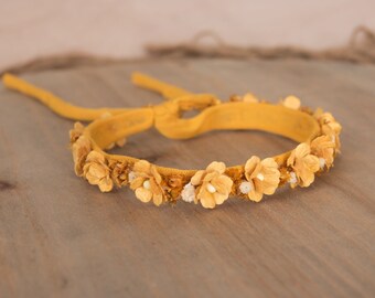 Halo Wreath Headband with Yellow Gold flowers, Newborn photography prop