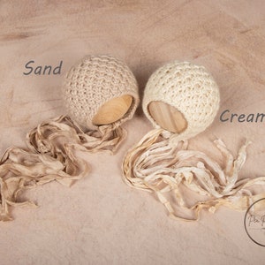 Knit Newborn Bonnet with Silk Ribbon Ties, Beige or Cream, Pick One, Photography Prop