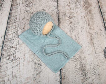 2 Piece Stretchy Wrap & Bonnet Set, Robin's Egg Blue, Knit hat, Newborn Photography Prop