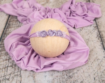 2 Piece Stretchy Wrap & Tie-back headband Set: Lilac color, Newborn Photography Prop
