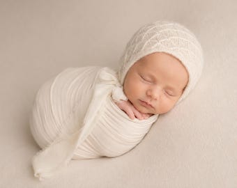Knit Bonnet with Chiffon Ribbon Ties, Cream Color, Newborn, Photography Prop