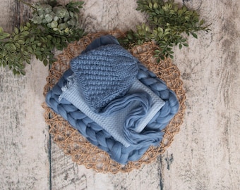 3 piece Chunky Blanket Prop Set, Bump Blanket, Stretchy Wrap and Knit Bonnet Set, Blue Color