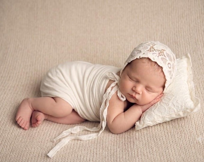 Featured listing image: Small Pillow, Newborn Bonnet, Floral Lace Pattern, Off-White color, Newborn Photography Support Prop