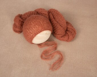 Knit Lace Wrap & Bonnet Set, 2 Piece Set, Dusty Rust Orange, Newborn Photography Prop