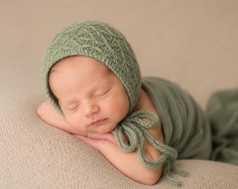 Knit Bonnet with Ties, Sage Color, Newborn, Photography Prop