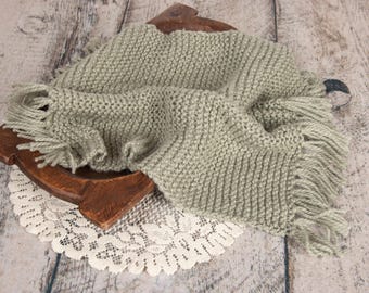 Light Sage Green Hand Knit Newborn Photography Prop Blanket with Tassels • Soft Baby Basket Filler Layer