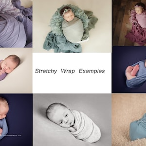 May include: A collage of images showing different ways to wrap a newborn baby in a stretchy fabric wrap. The images show babies in various poses and colors of wraps, including purple, blue, and green.
