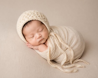 Knit Newborn Bonnet with Silk Ribbon Ties, Beige or Cream, Pick One, Photography Prop