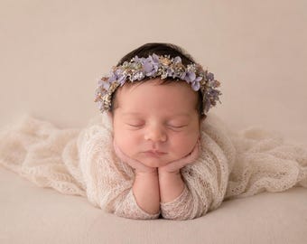 Halo Wreath Woodsy headband with Lavender and natural color flowers, Newborn photography prop