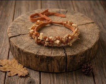 Halo Wreath Woodsy Newborn headband: Rust and Tan flowers, photography prop