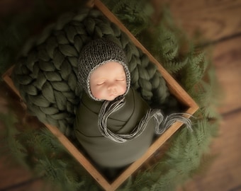 Army Green Chunky Knit Blanket Set: Newborn Photography Prop