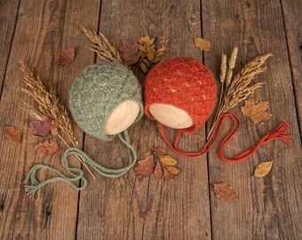Knit Newborn Fall Bonnets, Orange or Green, Pick One, Photography Prop