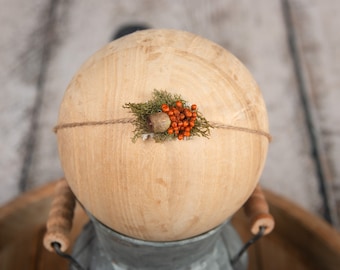 Tie-Back Jute headband, Autumn orange floral, Natural Dried Flowers, Newborn photography prop