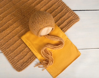 Knit Blanket with matching Newborn Bonnet and Stretchy Wrap, Full 3 Piece Set, Golden Yellow, Newborn Photography prop