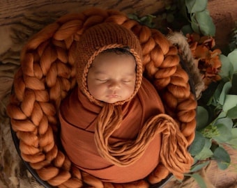 Newborn Photography Prop Set: Chunky Knit Blanket, Stretchy Wrap, & Knit Bonnet - Rust