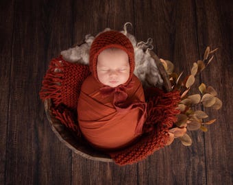Chunky Knit Blanket & Bonnet Set, Rust Orange, Newborn Photography Props