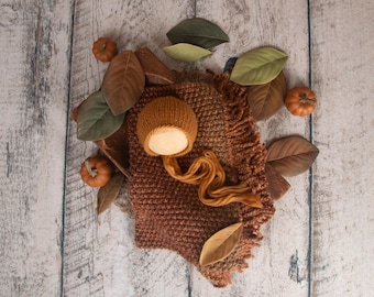 Chunky Knit Blanket Layer and Knit Bonnet, Pick your Items, Fall Shades, Newborn Photography Props