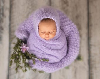 Knit Fuzzy Blanket with matching Bonnet: 2 Piece Set, lavender, Newborn Photography prop