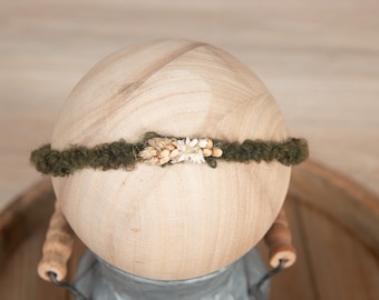 Halo  headband, wreath, Wire, Green, Dried Floral, Newborn photography prop