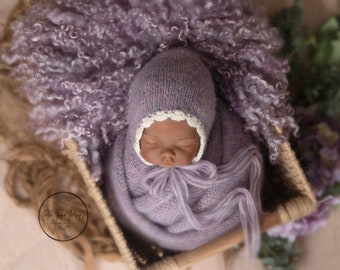 Knit Wrap & Bonnet Set, Lilac, 2 Piece Set, Newborn Photography Prop