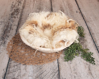 Handmade Shaggy Curly Wool Layer: 16" x 19" Cream and Tan Baby Photo Prop