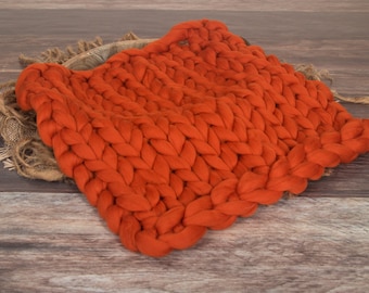 Bump Blanket, Merino Chunky Knit blanket, 18" Square, Autumn Orange, Newborn Photography Prop