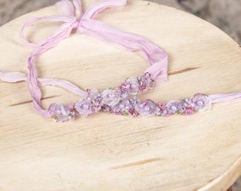 Newborn Boho Shabby Chic Tie back Ribbon Headband: Light Lavender Mix colors, photography prop