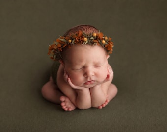 Halo Wreath Woodsy headband with Copper and Fall Color flowers, Natural dried and preserved flowers,  Newborn photography prop
